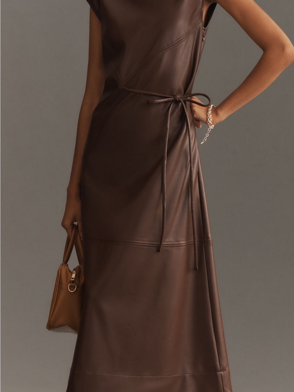 Mauve Brown Faux-Leather Maxi Dress with Waist Tie